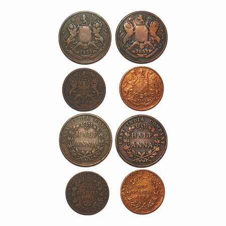William IV, Copper, 1835, (4 coins), 1) Half Anna, Madras Mint, Wreath with 20 Berries (10