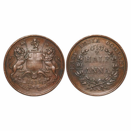 William IV, Copper, Half Anna, 1835, Madras Mint, Wreath with 20 Berries (10L + 10R), Flat