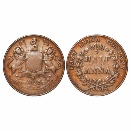 William IV, Copper, Half Anna, 1835, Bombay Mint, Wreath with 20 Berries (10L + 10R), Flat