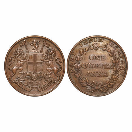 William IV, Copper, Quarter Anna, 1835, Madras Mint, A/II, Rev inverted, Wreath with 18 Be