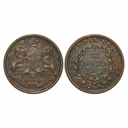 William IV, Copper, 1/12 Anna, 1835, Madras Mint, Rev II, Rev inverted, Wreath with 13 Ber