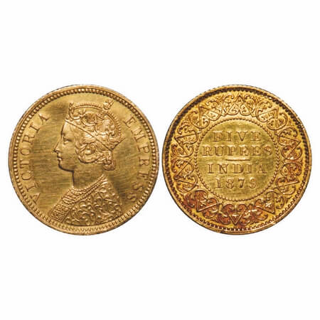 Victoria Empress, Gold, 5 Rupees, 1879, Bombay Mint, A/I, With inverted 'V' in relief, Re-