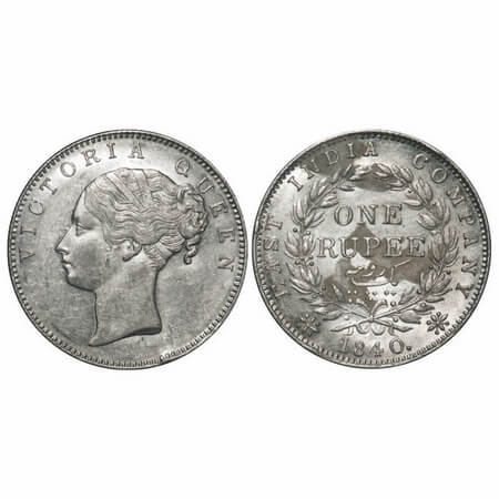 Victoria Queen, Silver, Rupee, 1840, CL, Calcutta Mint, A/I, English Head, with bud leaves