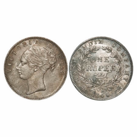 Victoria Queen, Silver, Rupee, 1840, CL, Calcutta Mint, A/I, English Head, with bud leaves