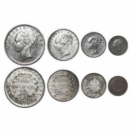 Victoria Queen, Silver, 1840, CL, (4 coins), 1) Rupee, Calcutta Mint, A/I(i), English Head