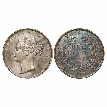 Victoria Queen, Silver, Rupee, 1840, CL, Bombay Mint, A/I, English Head, With bud leaves a