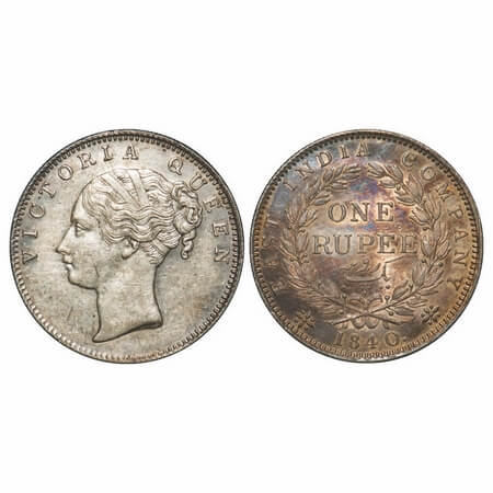 Victoria Queen, Silver, Rupee, 1840, CL, Bombay Mint, A/I, English Head, With bud leaves a