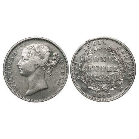 Victoria Queen, Silver, Rupee, 1840, DL, Calcutta Mint, W.W. raised, Wreath with 28 Berrie