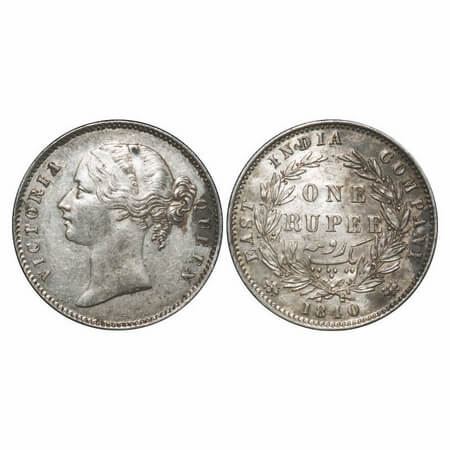 Victoria Queen, Silver, Rupee, 1840, DL, Calcutta Mint, W.W. raised, Wreath with 28 Berrie
