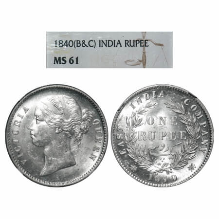 Victoria Queen, Silver, Rupee, 1840, DL, Calcutta Mint, W.W. raised, Wreath with 28 Berrie