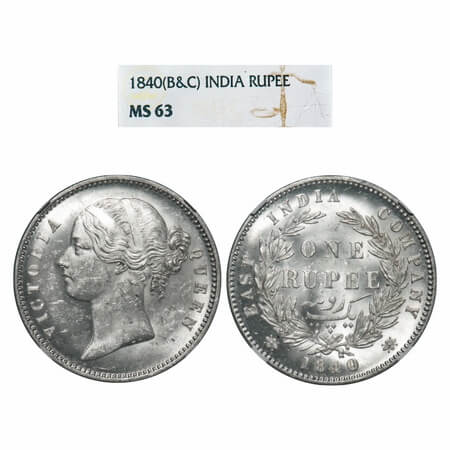 Victoria Queen, Silver, Rupee, 1840, DL, Calcutta Mint, W.W. raised, Wreath with 28 Berrie