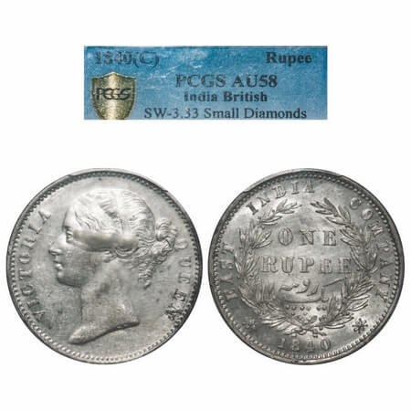 Victoria Queen, Silver, Rupee, 1840, DL, Calcutta Mint, W.W. raised, Wreath with 28 Berrie
