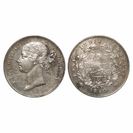 Victoria Queen, Silver, Rupee, 1840, DL, Calcutta Mint, W.W. raised, Wreath with 28 Berrie