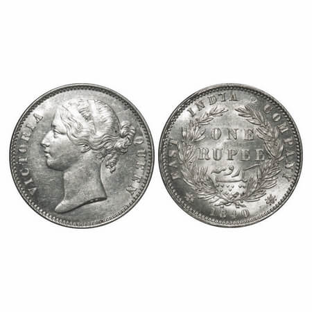 Victoria Queen, Silver, Rupee, 1840, DL, Calcutta Mint, W.W. raised, Wreath with 28 Berrie