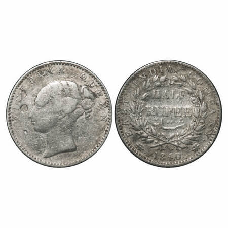 Victoria Queen, Silver, Half Rupee, 1840, CL, Calcutta Mint, A/I, English Head, Wreath wit