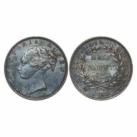 Victoria Queen, Silver, Half Rupee, 1840, CL, Bombay Mint, A/I, English Head, Wreath with