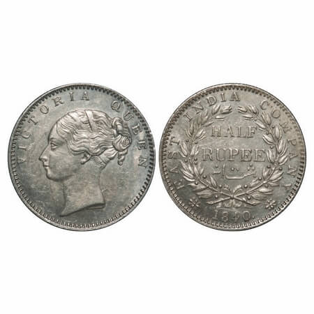 Victoria Queen, Silver, Half Rupee, 1840, CL, Bombay Mint, A/I, English Head, Wreath with 