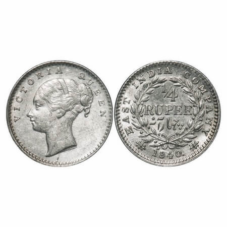 Victoria Queen, Silver, 1/4 Rupee, 1840, CL, Calcutta Mint, A/I, English Head, Wreath with