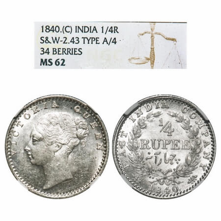 Victoria Queen, Silver, 1/4 Rupee, 1840, CL, Calcutta Mint, C/II, Indian Head, Wreath with