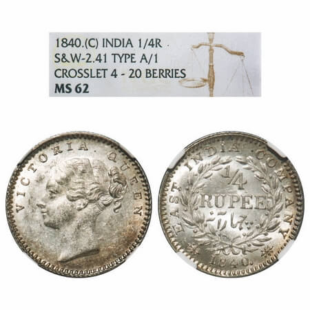 Victoria Queen, Silver, 1/4 Rupee, 1840, CL, Calcutta Mint, A/I, English Head, Wreath with