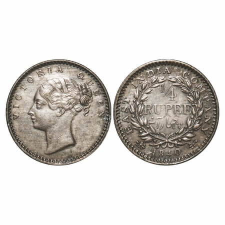 Victoria Queen, Silver, 1/4 Rupee, 1840, CL, Bombay Mint, B/I, English Head with modified 
