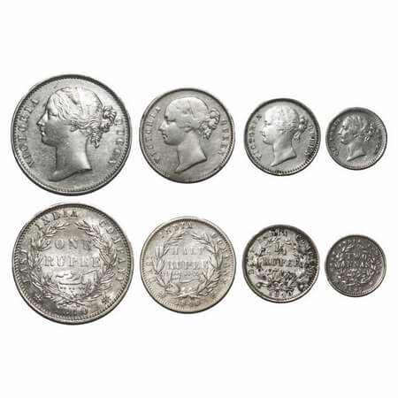 Victoria Queen, Silver, 1840, DL, (4 coins), 1) Rupee, Calcutta Mint, W.W. raised, Wreath 