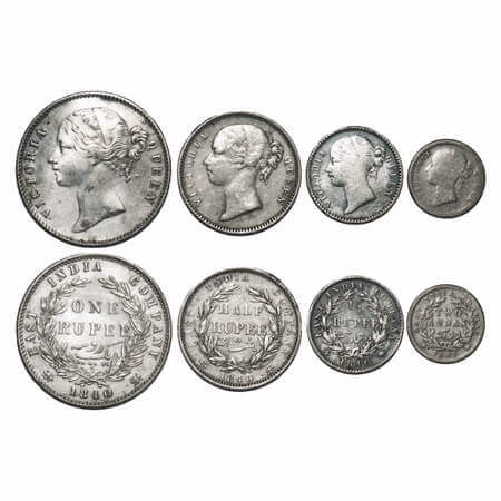 Victoria Queen, Silver, 1840, DL, (4 coins), 1) Rupee, Calcutta Mint, W.W. raised, Wreath 