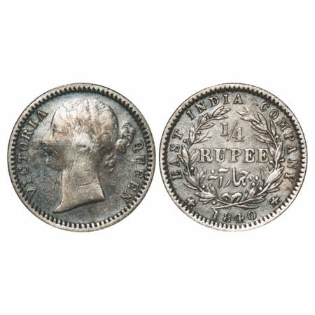 Victoria Queen, Silver, 1/4 Rupee, 1840, DL, Madras Mint, W.W. 'S' raised, Wreath with 10 