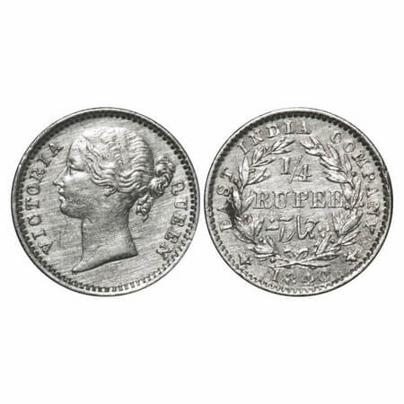 Victoria Queen, Silver, 1/4 Rupee, 1840, DL, Madras Mint, W.W. 'S' raised, Wreath with 11 