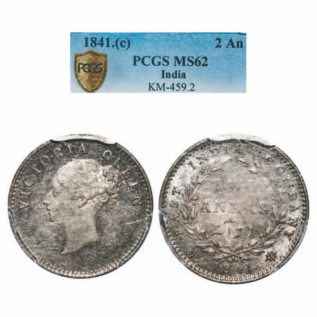 Victoria Queen, Silver, 2 Annas, 1841, CL, Calcutta Mint, A(a)/I, Wreath with 16 Berries (