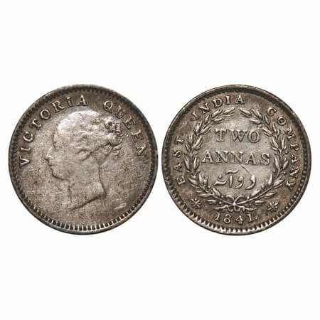 Victoria Queen, Silver, 2 Annas, 1841, CL, Madras Mint, A(a)/I, 'S' incused, Plain edge, W