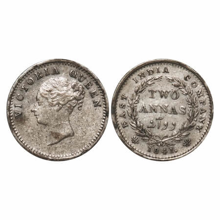 Victoria Queen, Silver, 2 Annas, 1841, CL, Madras Mint, A(a)/I, 'S' incused and 'V' raised