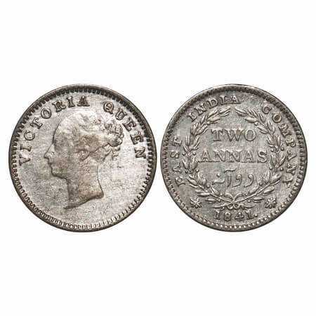 Victoria Queen, Silver, 2 Annas, 1841, CL, Bombay Mint, A(a)/I, Plain edge, Wreath with 16