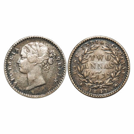 Victoria Queen, Silver, 2 Annas, 1841, DL, Calcutta Mint, W.W. raised, Wreath with 9 Berri