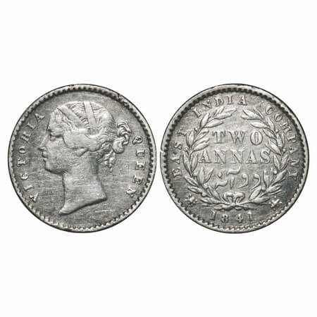 Victoria Queen, Silver, 2 Annas, 1841, DL, Calcutta Mint, W.W. raised, Wreath with 9 Berri