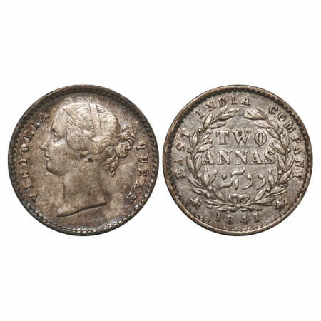 Victoria Queen, Silver, 2 Annas, 1841, DL, Calcutta Mint, .W.W raised, Wreath with 9 Berri