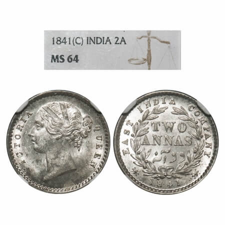 Victoria Queen, Silver, 2 Annas, 1841, DL, Calcutta Mint, W.W. raised, Wreath with 9 Berri