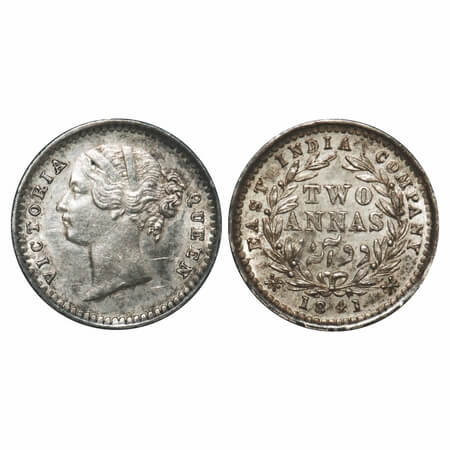 Victoria Queen, Silver, 2 Annas, 1841, DL, Madras Mint, .W.W raised, 'S' incused, Wreath w