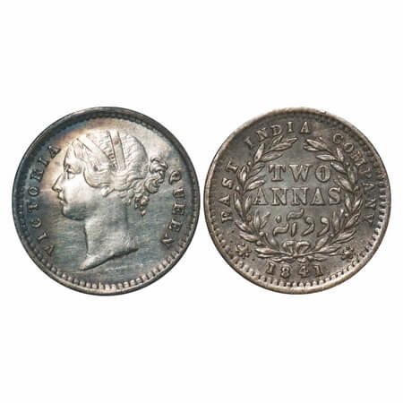 Victoria Queen, Silver, 2 Annas, 1841, DL, Madras Mint, 'S' incused, W.W. raised, Wreath w