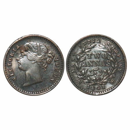Victoria Queen, Silver, 2 Annas, 1841, DL, Madras Mint, 'S' incused, W.W. raised, Wreath w