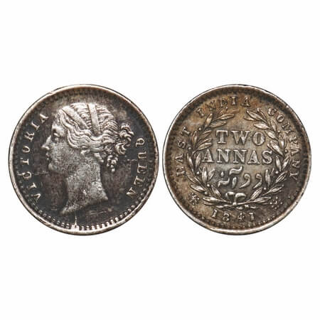 Victoria Queen, Silver, 2 Annas, 1841, DL, Madras Mint, 'S' incused, W.W. raised, Wreath w
