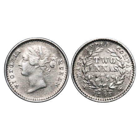 Victoria Queen, Silver, 2 Annas, 1841, DL, Bombay Mint, .W.W raised, Wreath with 9 Berries