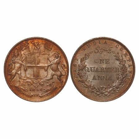 Victoria Queen, Copper, Quarter Anna, 1858, J. Watt & Co., Birmingham Mint, Single leaf, Y