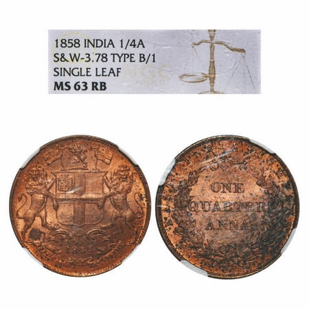 Victoria Queen, Copper, Quarter Anna, 1858, J.Watt & Co., Birmingham Mint, Single leaf, Ye