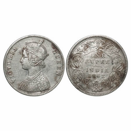 Victoria Queen, Silver, Rupee, 1862, Calcutta Mint, A/III, w/o initial 'J', Ghost on Rev, 