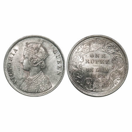 Victoria Queen, Silver, Rupee, 1862, Calcutta Mint, A/I, With initial 'J', Top of alphabat