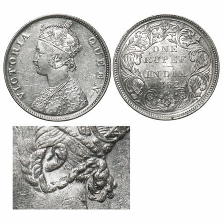 Victoria Queen, Silver, Rupee, 1862, Bombay Mint, B/II/0/0, With enclosed frame effect and