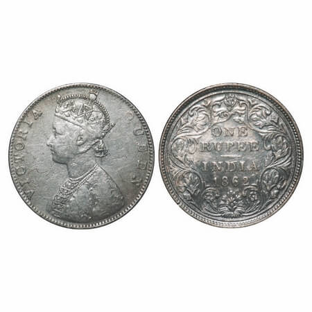 Victoria Queen, Silver, Rupee, 1862, Bombay Mint, D/II, The Queens jabot has 4 & 3/4 panel