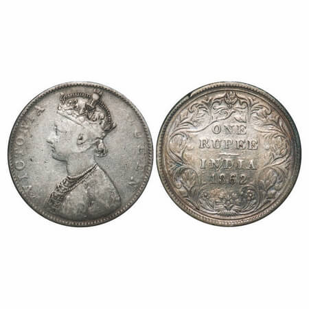 Victoria Queen, Silver, Rupee, 1862, Bombay Mint, D/II, The Queens jabot has 4 & 3/4 panel
