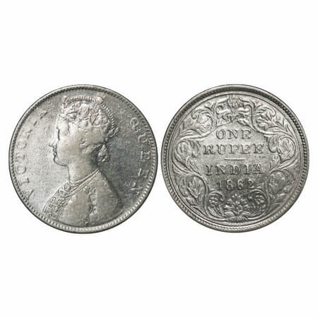 Victoria Queen, Silver, Rupee, 1862, Bombay Mint, D/II/0/0, The Queens jabot has 4 & 3/4 p
